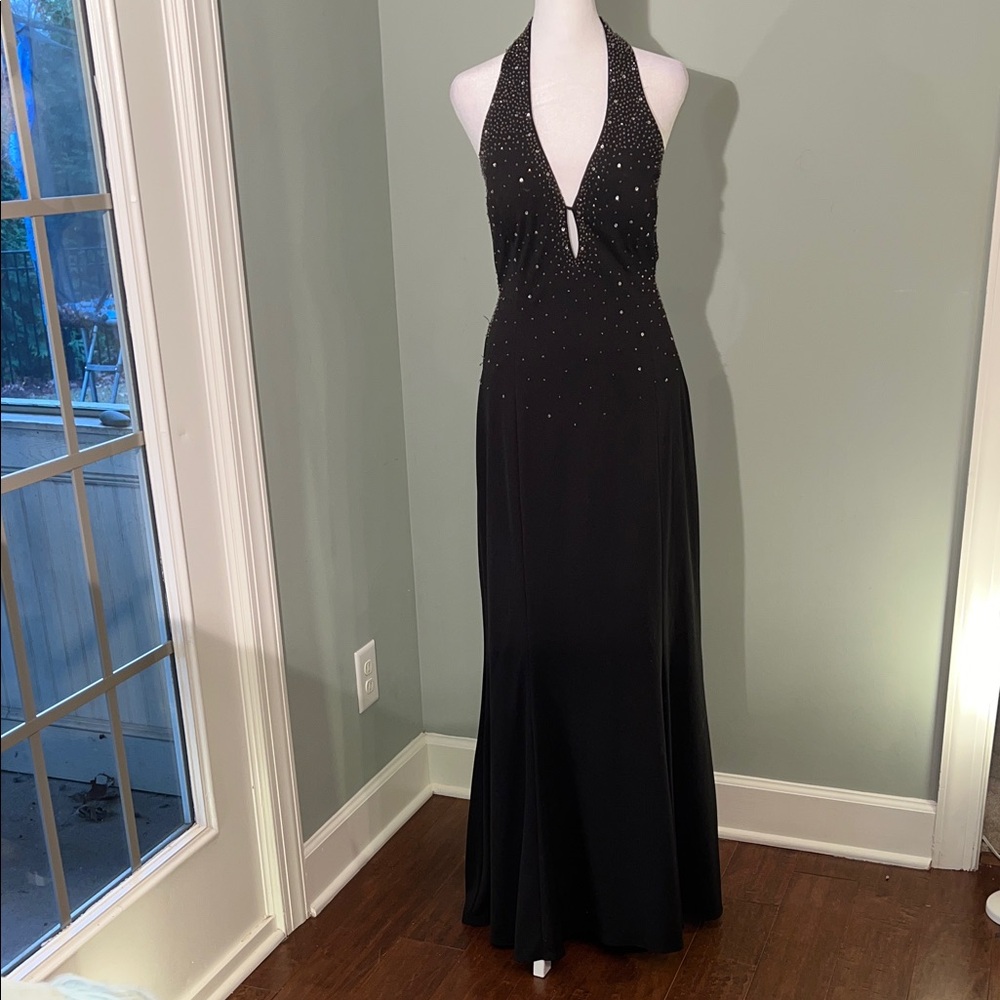 Niki Elegant Black Halter Backless Dress with Small sequin/crystal embellishment